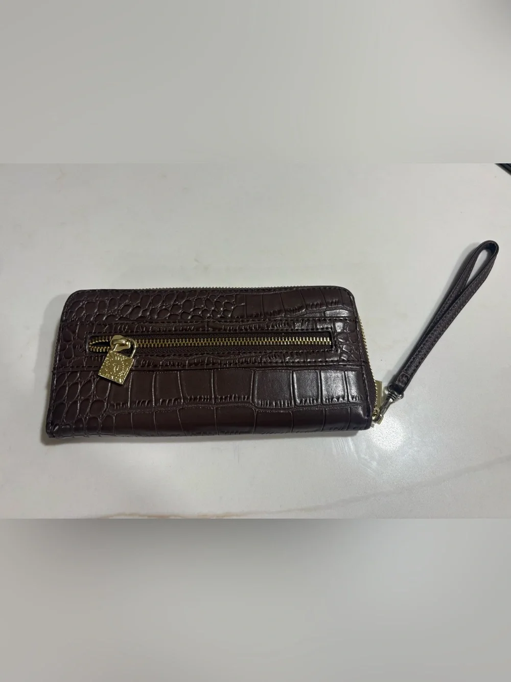 Anne Klein Croc-Embossed Dark Brown Wristlet Wallet with Gold Hardware